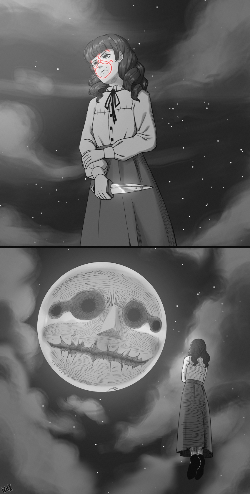 1girl, absurdres, closed_mouth, cloud, cloudy_sky, commentary, english_commentary, face_piercing