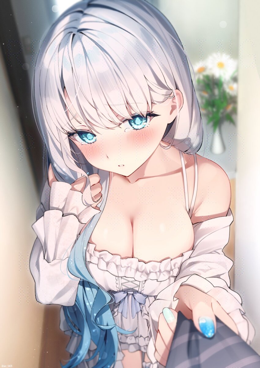 1girl, bare_shoulders, blue_eyes, blue_nails, blurry, blush, breasts, cleavage