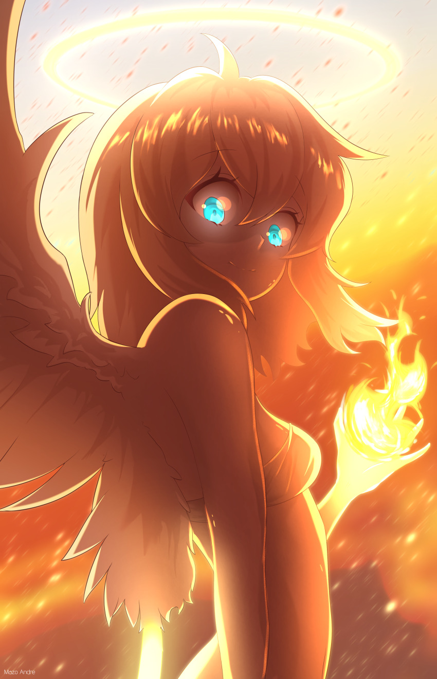 1girl, absurdres, ahoge, angel, angel_wings, aqua_eyes, blonde_hair, breasts