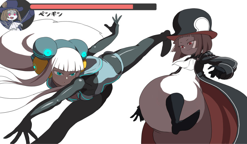 2girls, ascot, boots, character_name, coat, dodging, electro_emilia, fighting