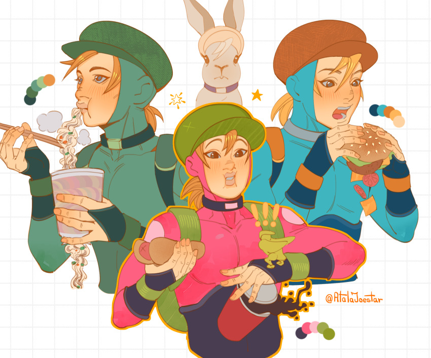 !, 1boy, 1other, atalajoestar, backpack, bag, beret, black_bridal_gauntlets