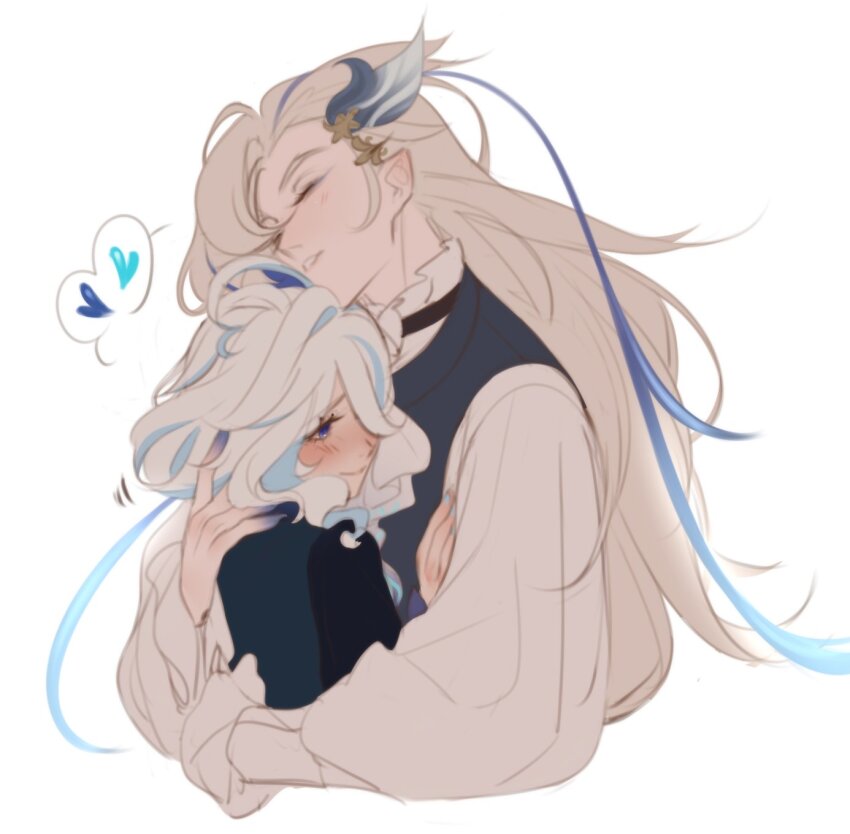 1boy, 1girl, blue_eyes, closed_eyes, colored_extremities, couple, furina_(genshin_impact), genshin_impact