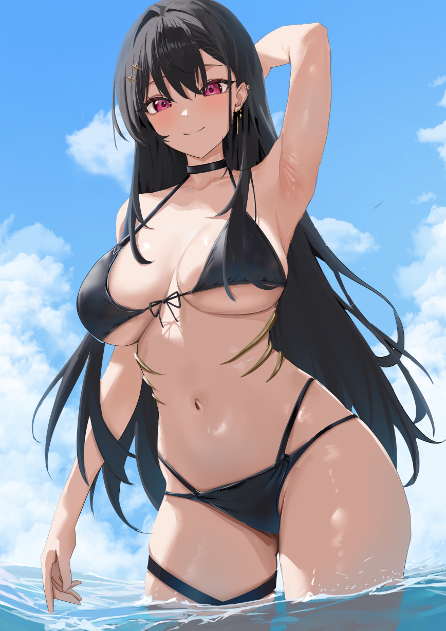 1girl, alternate_costume, arm_behind_head, arm_up, armpits, bare_arms, bare_shoulders, bikini