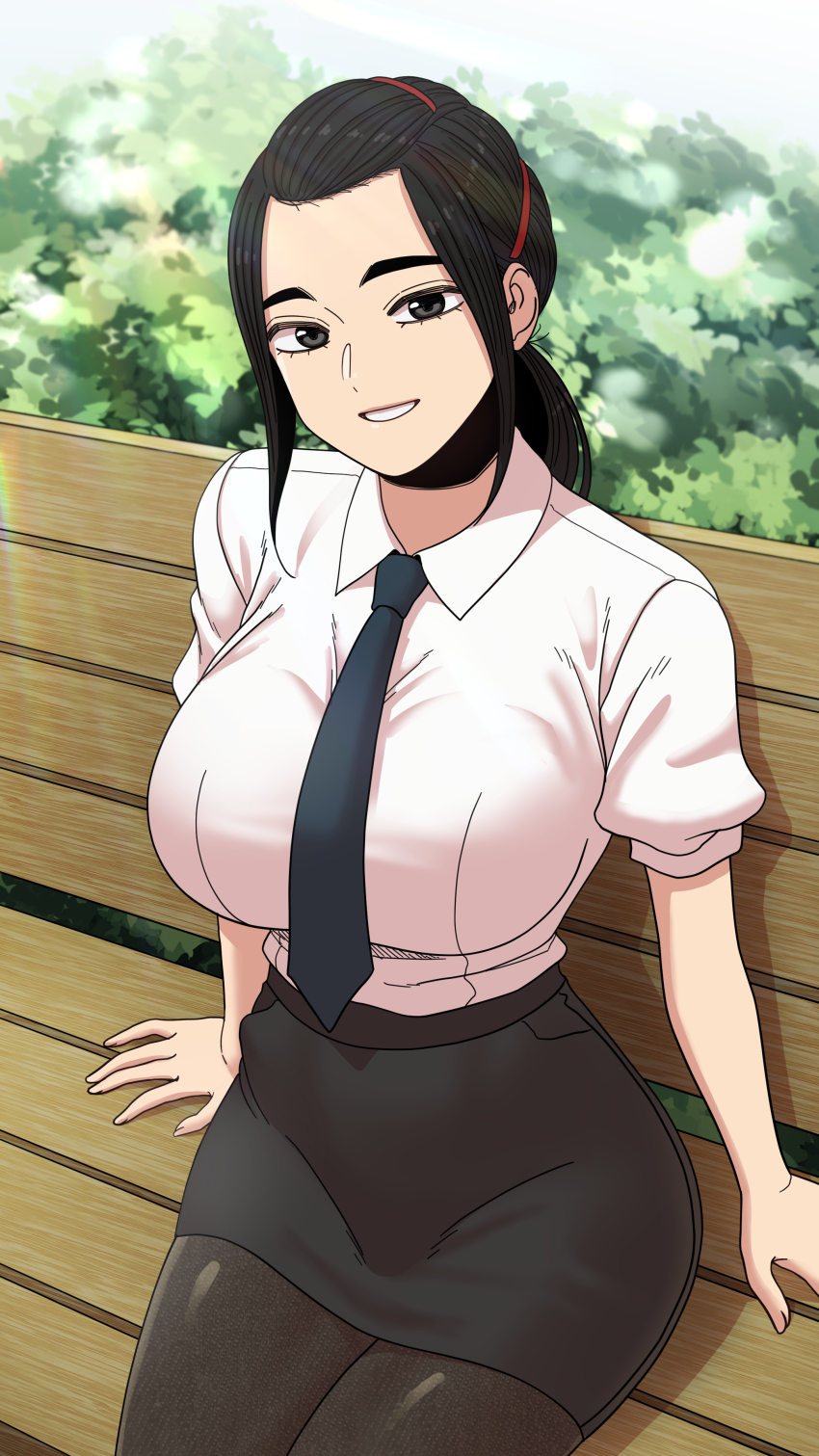 1girl, absurdres, beautiful_gunbari, bench, black_eyes, black_hair, black_necktie, black_pantyhose