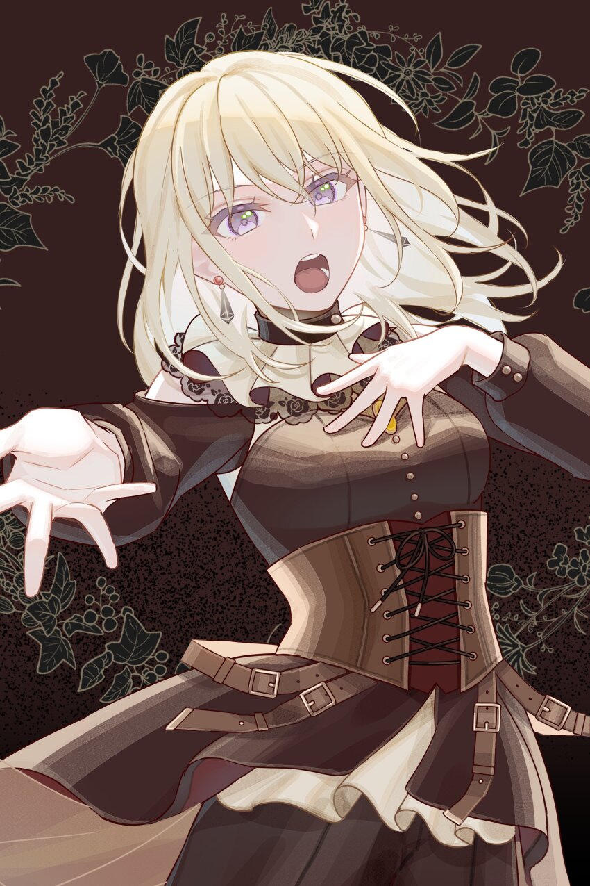1girl, absurdres, bang_dream!, bang_dream!_it's_mygo!!!!!, belt, black_background, black_dress, blonde_hair, brooch, brown_background, brown_corset, clothing_cutout, collar, commentary, corset, cowboy_shot, cross-laced_clothes, cross-laced_corset, crossed_bangs, doloris_(bang_dream!), dress, earrings, floral_background, fondy_(fondy1999), frilled_collar, frills, gradient_background, hand_on_own_chest, highres, jewelry, long_sleeves, looking_at_viewer, medium_hair, misumi_uika, open_mouth, outstretched_arm, purple_eyes, reaching, reaching_towards_viewer, shoulder_cutout, solo, white_collar