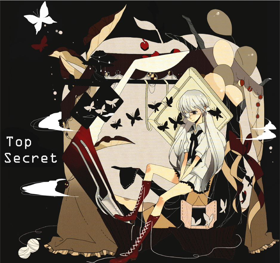 1girl, apple, bad_id, bad_pixiv_id, black_eyes, boots, bug, butterfly