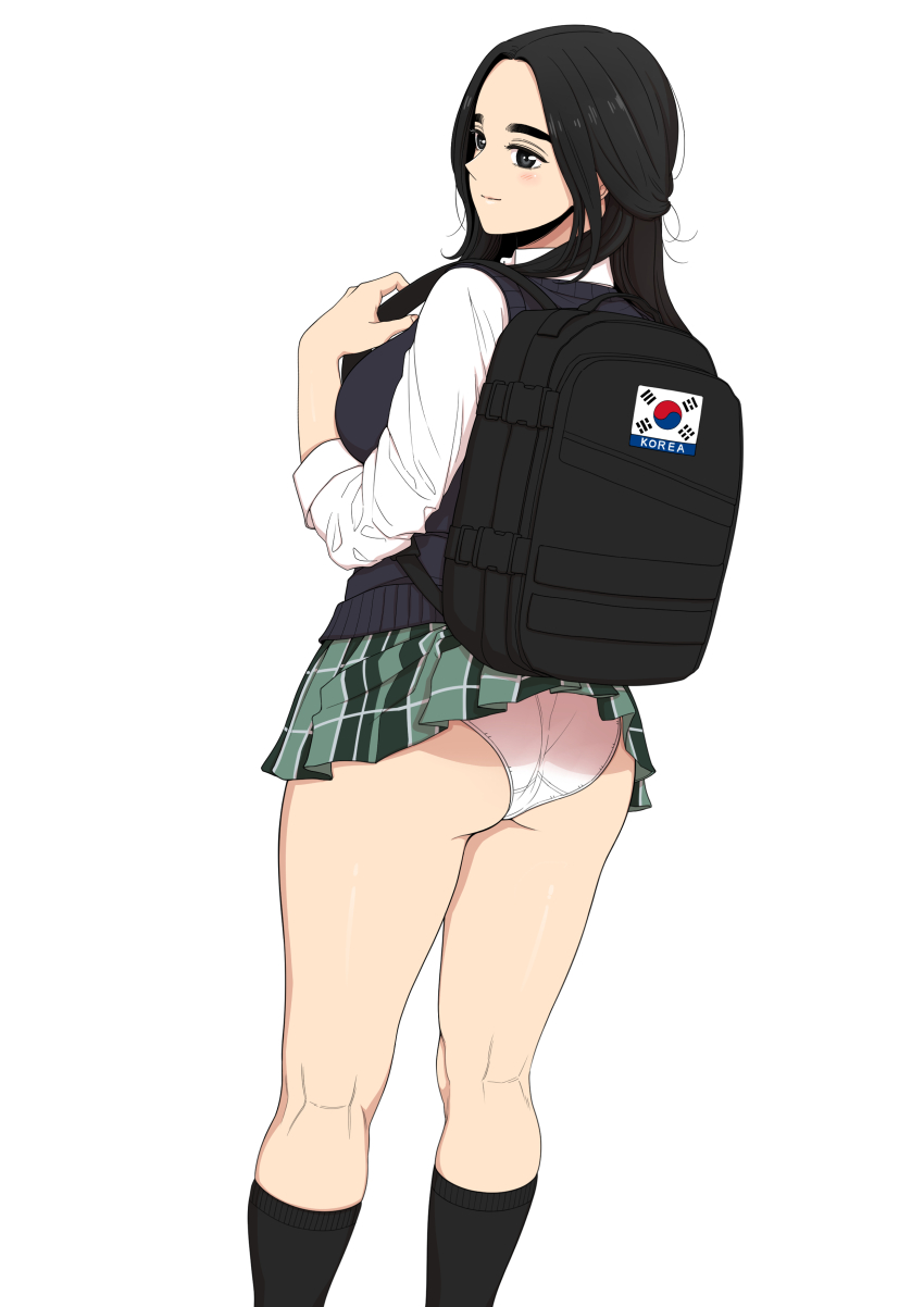 1girl, absurdres, ass, backpack, bag, beautiful_gunbari, black_socks, black_sweater_vest