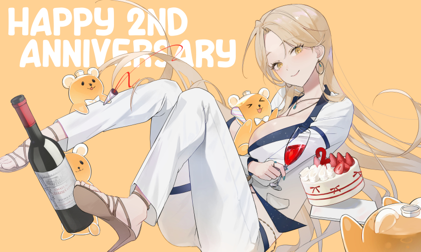 1girl, absurdres, bear, birthday_cake, blonde_hair, bottle, breasts, brown_sandals