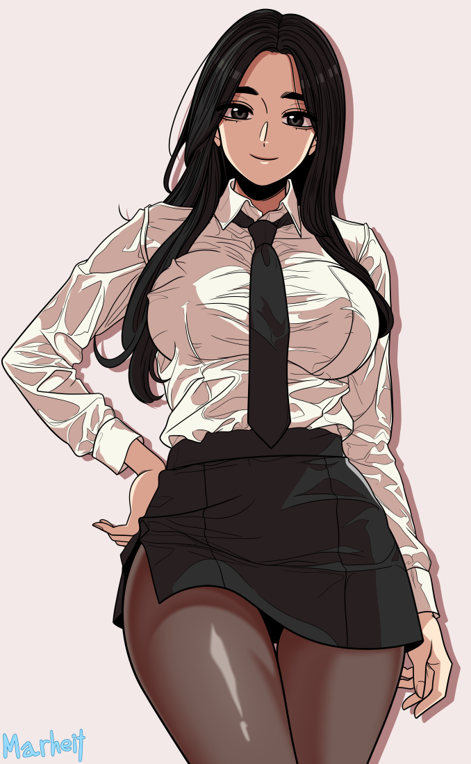 1girl, artist_name, beautiful_gunbari, black_eyes, black_hair, black_skirt, breasts, brown_pantyhose