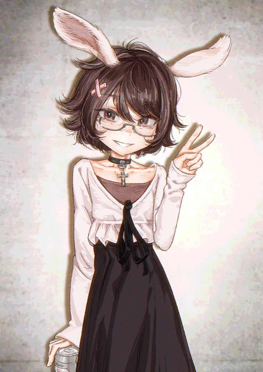 1girl, animal_ears, black_choker, black_ribbon, black_skirt, brown_hair, can, choker