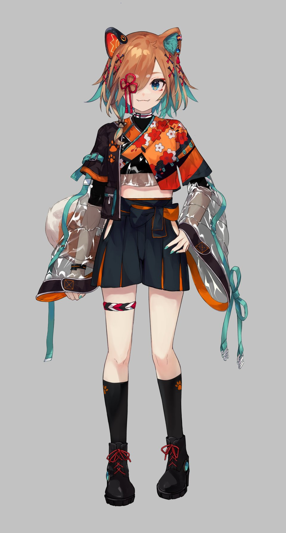 1girl, :3, animal_ears, aqua_eyes, aqua_hair, black_shoes, black_shorts, black_socks, bone_hair_ornament, brown_hair, colored_inner_hair, cropped, dog_ears, dog_girl, dog_tail, fangs, full_body, grey_background, hair_ornament, hair_over_one_eye, hand_on_own_hip, highres, looking_at_viewer, makihitsuji, mismatched_animal_ears, miyoshino_shiki, multicolored_hair, official_art, paw_print, prism_project, shoelaces, shoes, shorts, simple_background, socks, solo, tail, tassel, third-party_source, two-tone_hair, virtual_youtuber, x_hair_ornament