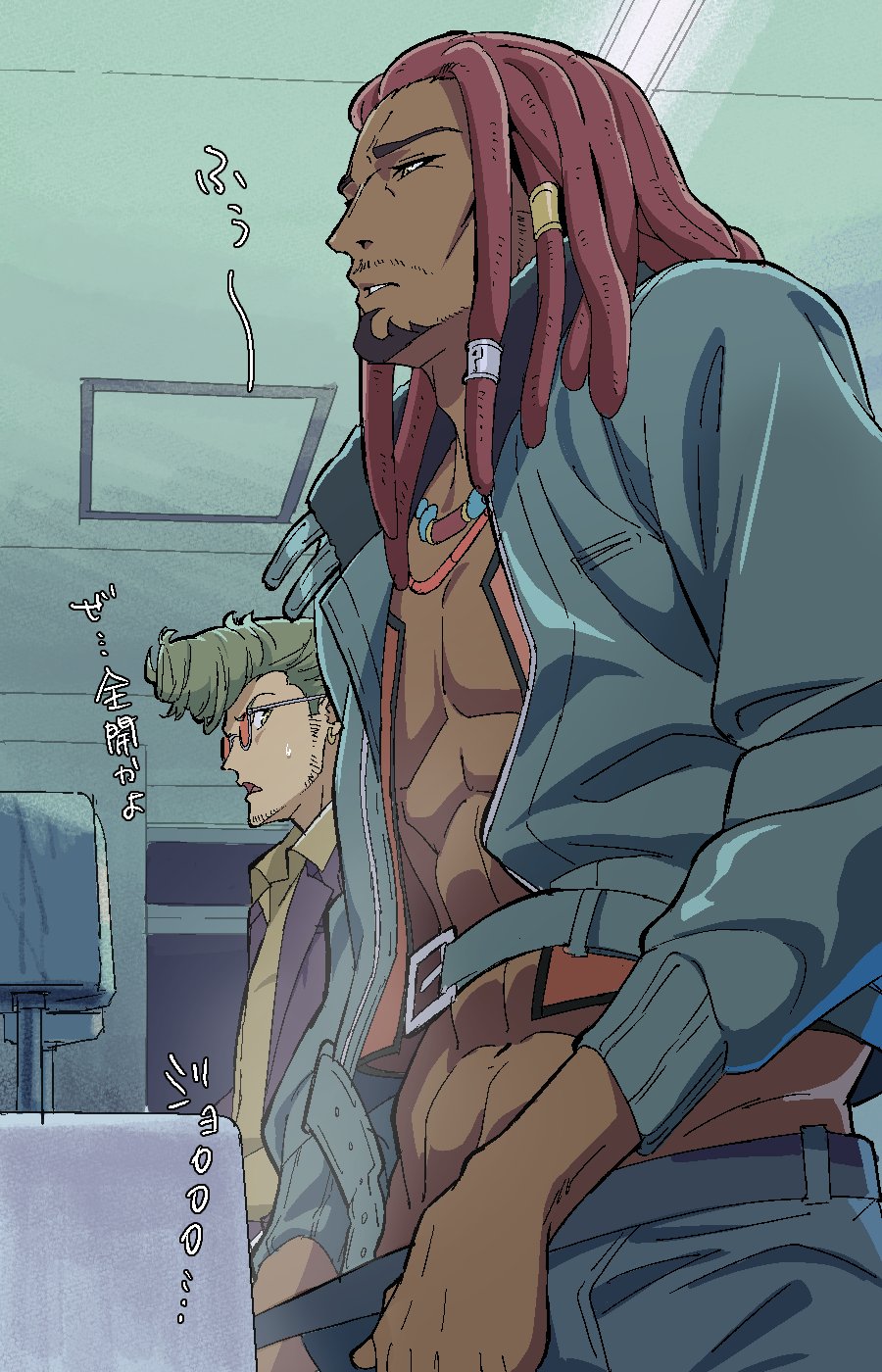 2boys, abs, akudama_drive, bara, bare_pectorals, bathroom, beard_stubble, brawler_(akudama_drive)