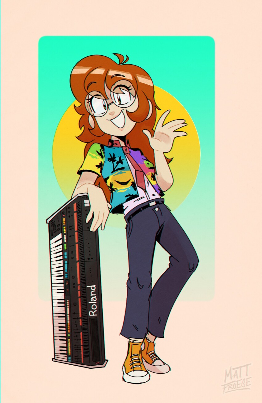 1990s_(style), 1girl, antenna_hair, belt, black_belt, blue_pants, brown_hair, chromatic_aberration