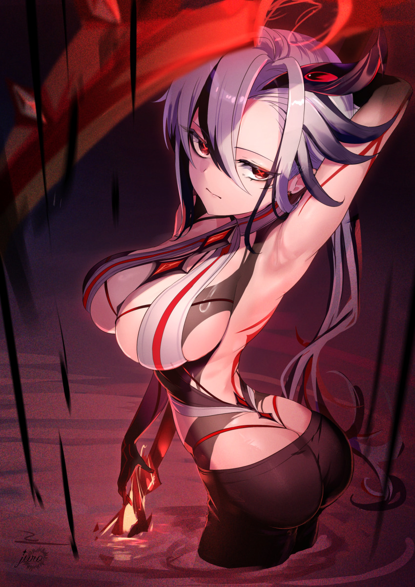 1girl, absurdres, arlecchino_(cinder_of_two_worlds'_flames)_(genshin_impact), arlecchino_(genshin_impact), ass, black_hair, breasts, butt_crack, crimson_moon's_semblance_(genshin_impact), from_behind, genshin_impact, highres, jura, large_breasts, long_hair, looking_at_viewer, low_ponytail, multicolored_hair, pants, ponytail, red_eyes, scythe, solo, thong, very_long_hair, weapon, whale_tail_(clothing), white_hair