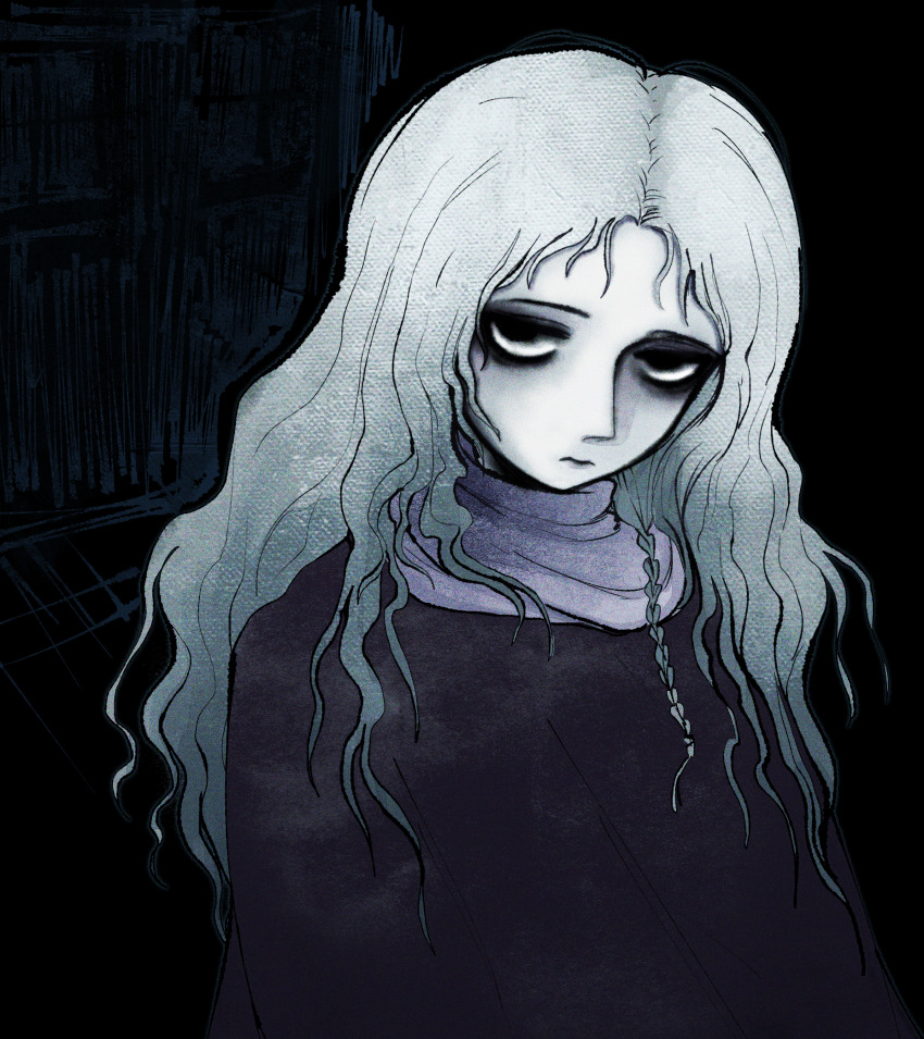 1girl, 3:, black_background, black_eyes, black_eyeshadow, braid, canvas_texture, cloak