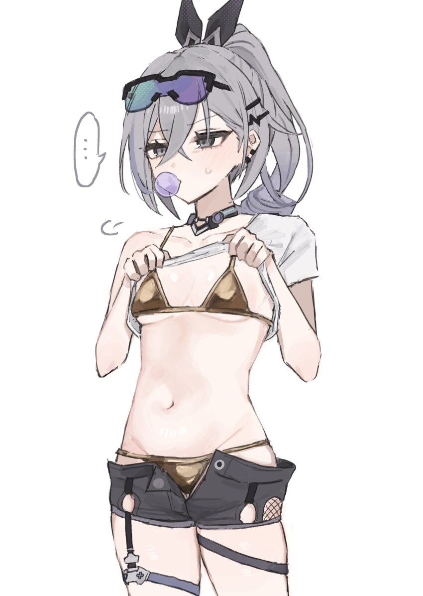 ..., 1girl, belly, bikini, bikini_bottom_under_shorts, bikini_under_clothes, black_shorts, blowing_bubble_gum