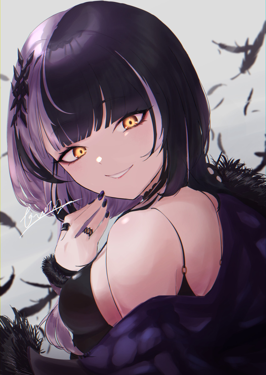 1girl, black_dress, black_hair, black_nails, breasts, coat, commentary, dress