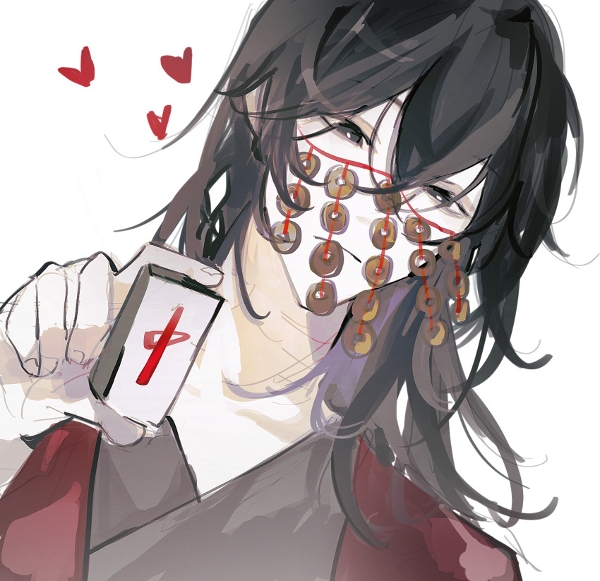 1boy, aaawwwssslll, black_eyes, black_hair, black_hanfu, chinese_clothes, chinese_commentary, chinese_text, closed_mouth, coat, coin, coin_mask, dao_gui_yi_xian, hair_between_eyes, hair_down, hanfu, head_tilt, heart, highres, holding, holding_mahjong_tile, holed_coin, hong_zhong, li_huowang, long_hair, looking_at_viewer, looking_down, mahjong, mahjong_tile, male_focus, mask, mouth_veil, portrait, red_coat, simple_background, sketch, solo, upper_body, veil, white_background