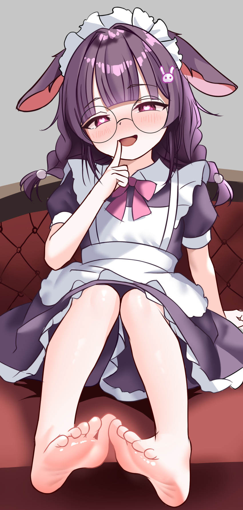 1girl, absurdres, animal_ears, apron, barefoot, blush, braid, breasts