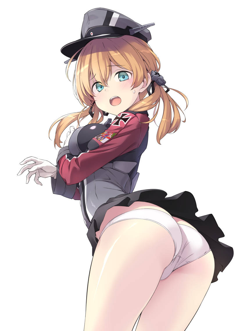 1girl, absurdres, ass, black_ribbon, black_skirt, blonde_hair, blue_eyes, breasts