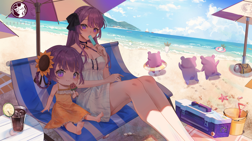 2girls, abroccoli, absurdres, beach, beach_umbrella, black_choker, blue_sky, blush