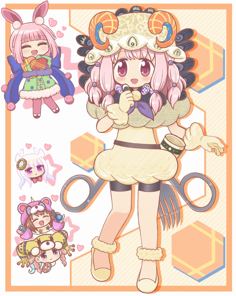 5girls, :d, ^_^, animal_costume, animal_ears, bad_id, bad_twitter_id, bear_hat, bike_shorts, blue_scarf, blunt_bangs, blush, box, braid, brown_hair, candy_(madoka_magica), chibi, closed_eyes, cosplay, curled_horns, dress, eternal_sakura, fur-trimmed_dress, fur_trim, gift, gift_box, gloves, green_dress, hair_wagging, hat, heart, hiiragi_nemu, holding, horns, long_hair, looking_at_viewer, magia_record:_mahou_shoujo_madoka_magica_gaiden, mahou_shoujo_madoka_magica, multiple_girls, open_mouth, pink_eyes, pink_hair, purple_eyes, rabbit_costume, rabbit_ears, rebecca_(madoka_magica), reverse_(bluefencer), satomi_touka, scarf, sheep_horns, shoes, short_shorts, shorts, siblings, sisters, smile, star_(symbol), tamaki_iroha, tamaki_ui, twin_braids, white_hair, witch_(madoka_magica), yellow_gloves, yellow_shoes