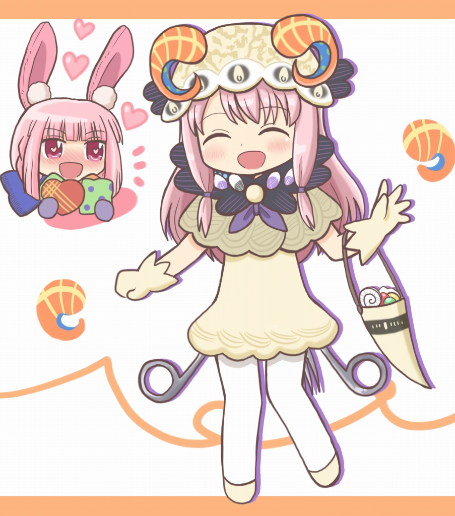 2girls, :d, ^_^, animal_ears, bad_id, bad_twitter_id, blush, candy_(madoka_magica), chibi, closed_eyes, cosplay, dress, facing_viewer, full_body, gloves, heart, holding, horns, long_hair, magia_record:_mahou_shoujo_madoka_magica_gaiden, mahou_shoujo_madoka_magica, multiple_girls, open_mouth, pantyhose, pink_eyes, pink_hair, rabbit_ears, rebecca_(madoka_magica), reverse_(bluefencer), sheep_horns, shoes, sidelocks, smile, tamaki_iroha, tamaki_ui, white_background, white_pantyhose, yellow_dress, yellow_gloves, yellow_shoes