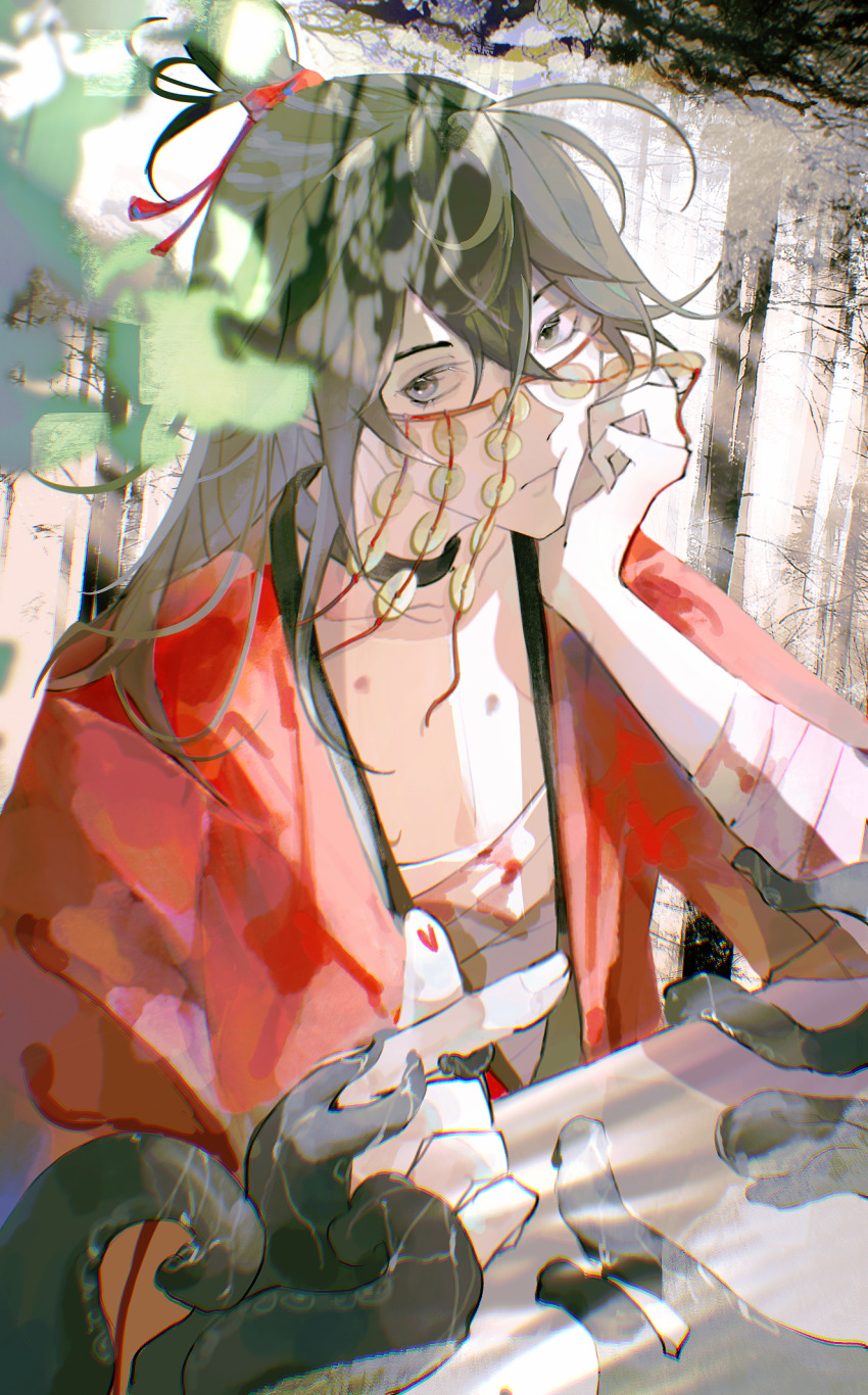 1boy, aaawwwssslll, bandaged_arm, bandaged_chest, bandages, bishounen, black_eyes, black_hair, blood, blood_on_arm, blood_on_chest, bloody_bandages, blurry, blurry_foreground, chinese_clothes, chinese_commentary, chromatic_aberration, closed_mouth, coin, coin_mask, creature, dao_gui_yi_xian, dappled_sunlight, finger_heart, hair_between_eyes, hair_bun, hair_ribbon, hand_on_own_cheek, hand_on_own_face, hanfu, head_rest, heart, hickey, highres, holding, holding_creature, holding_tentacle, holed_coin, leaf, li_huowang, li_sui_(tentacles), liquid, long_hair, looking_at_viewer, male_focus, mask, messy_hair, mouth_veil, open_clothes, open_robe, red_ribbon, red_robe, ribbon, robe, single_hair_bun, solo, string, sunlight, table, tentacles, tree, upper_body, veil