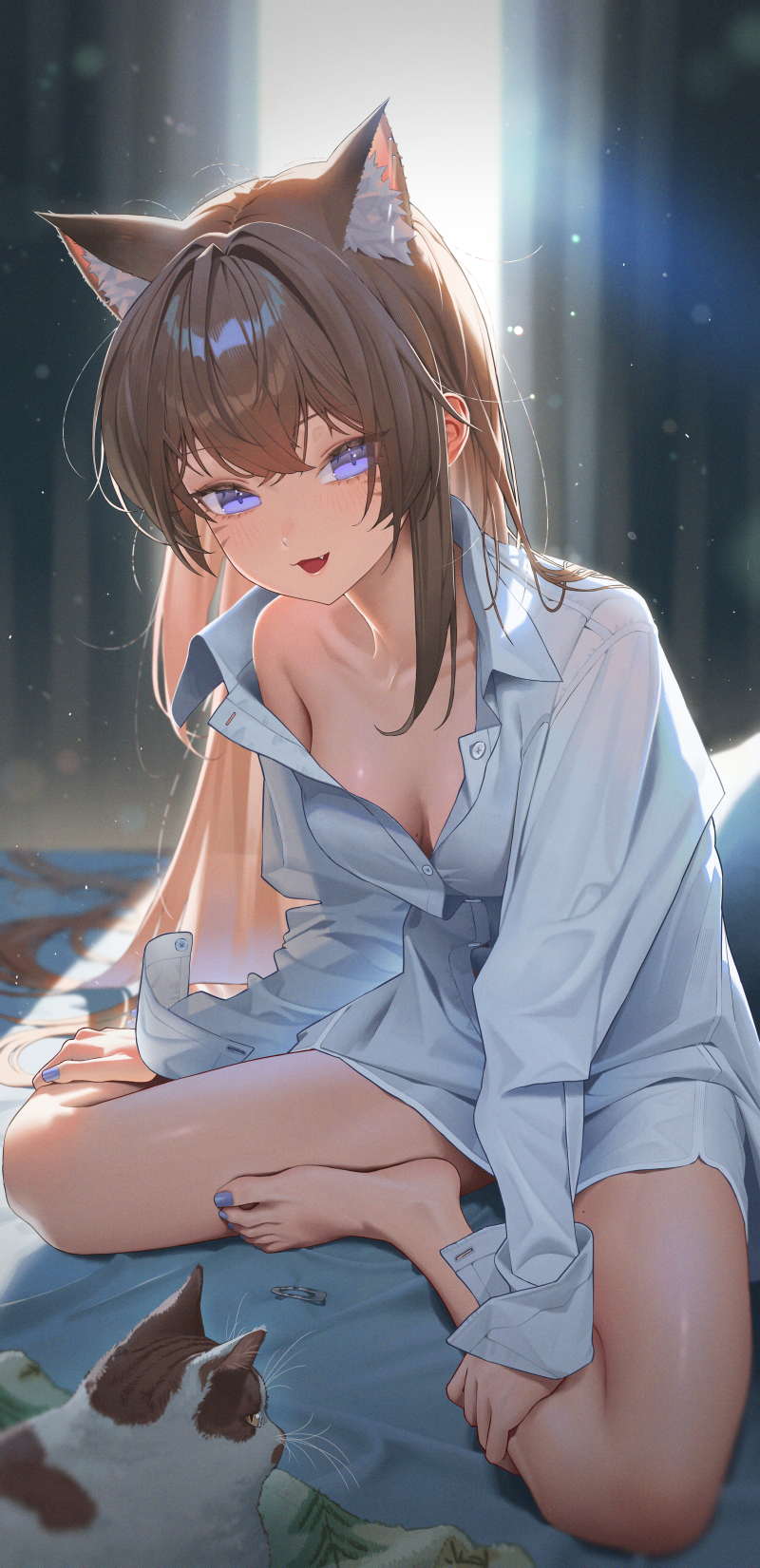 1girl, :d, absurdly_long_hair, animal_ears, bare_legs, barefoot, bed, blanket