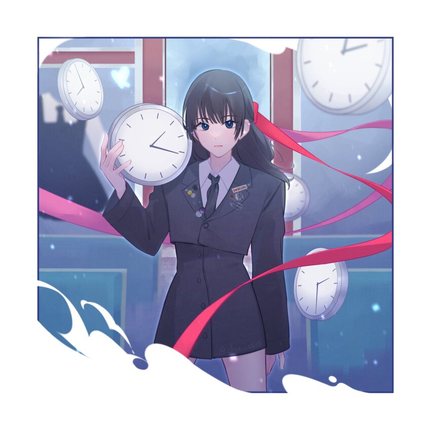 1girl, black_hair, black_jacket, black_necktie, blue_eyes, blunt_bangs, border, chu_0618