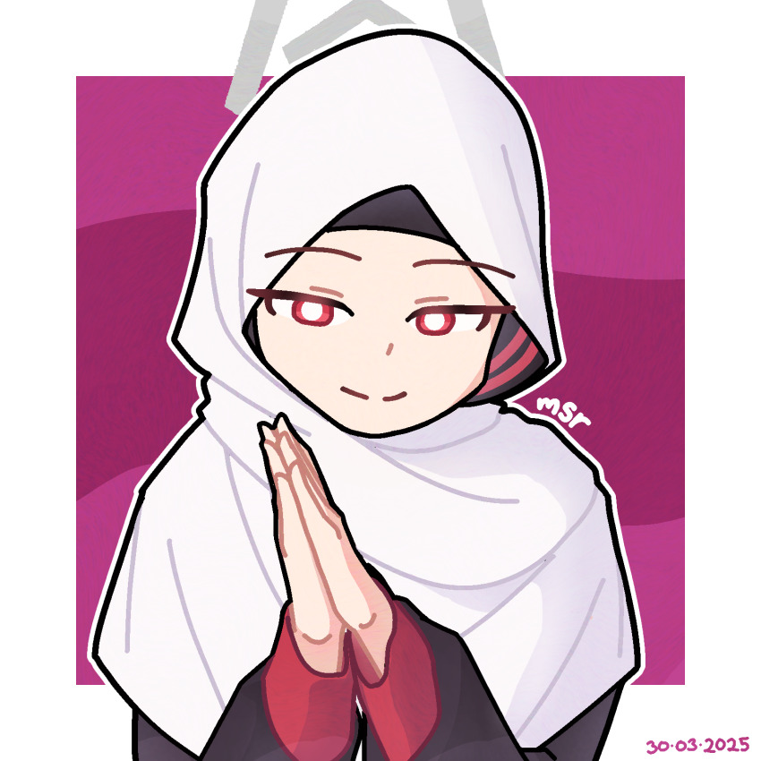 1girl, artist_name, blue_archive, border, closed_mouth, commentary, commentary_request, dated, english_commentary, halo, highres, hijab, ibispaint_(medium), indonesian_commentary, kayoko_(blue_archive), looking_at_viewer, mixed-language_commentary, msr_0410, outside_border, palms_together, pink_background, portrait, red_eyes, smile, solo, standing, white_border, white_hijab