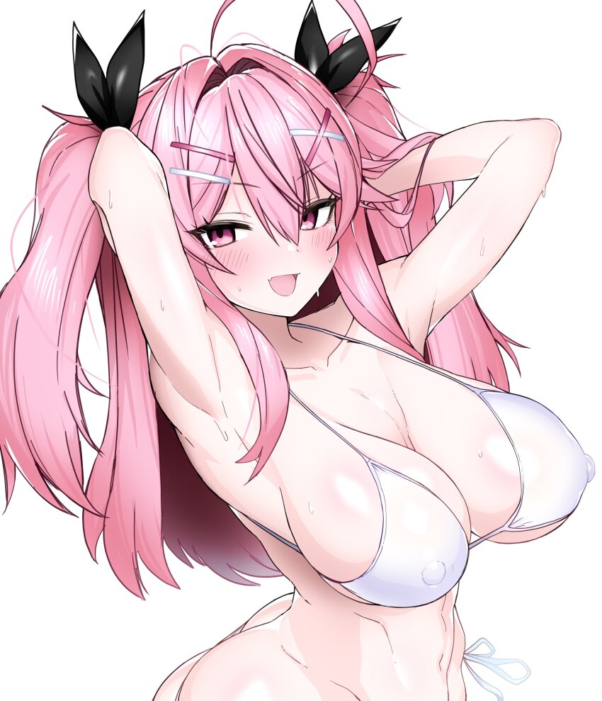 1girl, absurdres, ahoge, armpits, arms_behind_head, arms_up, ass, bikini, blush, breasts, cleavage, collarbone, covered_erect_nipples, eyo_(vrchat), fang, hair_between_eyes, hair_intakes, hair_ornament, hair_ribbon, hairclip, hands_in_own_hair, highres, lamandavrc, large_breasts, long_hair, looking_at_viewer, navel, open_mouth, pink_eyes, pink_hair, ribbon, side-tie_bikini_bottom, simple_background, solo, sweat, swimsuit, twintails, vrchat, white_background, white_bikini, x_hair_ornament