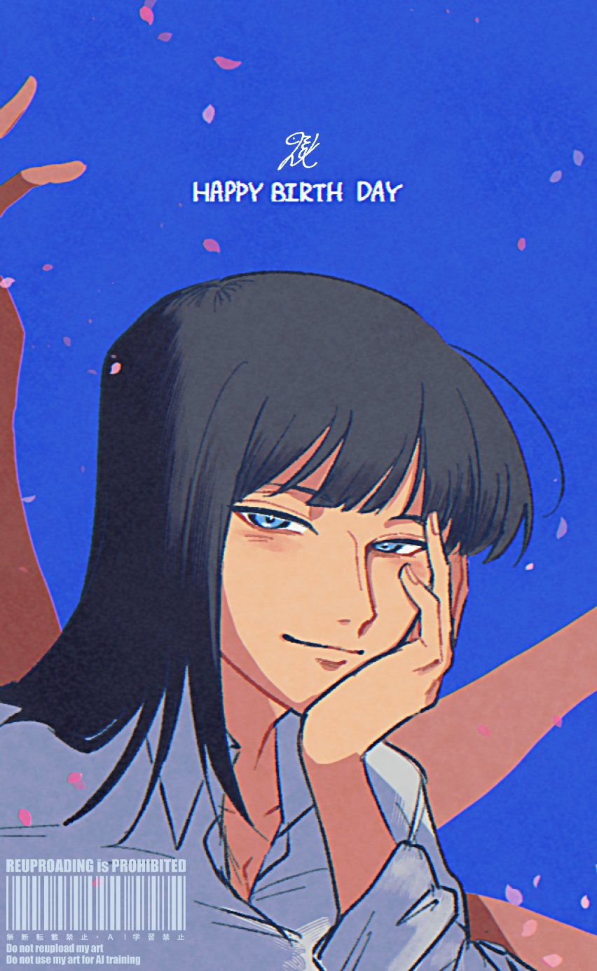 1girl, black_hair, blue_eyes, blue_sky, blunt_bangs, blush, closed_mouth, collared_shirt, commentary_request, devil_fruit_power, extra_arms, falling_petals, hana_hana_no_mi, happy_birthday, head_rest, highres, kohaya58938, looking_at_viewer, medium_hair, nico_robin, nico_robin_(alabasta), one_piece, petals, pink_petals, shirt, sky, sleeves_rolled_up, smile, solo, upper_body, white_shirt