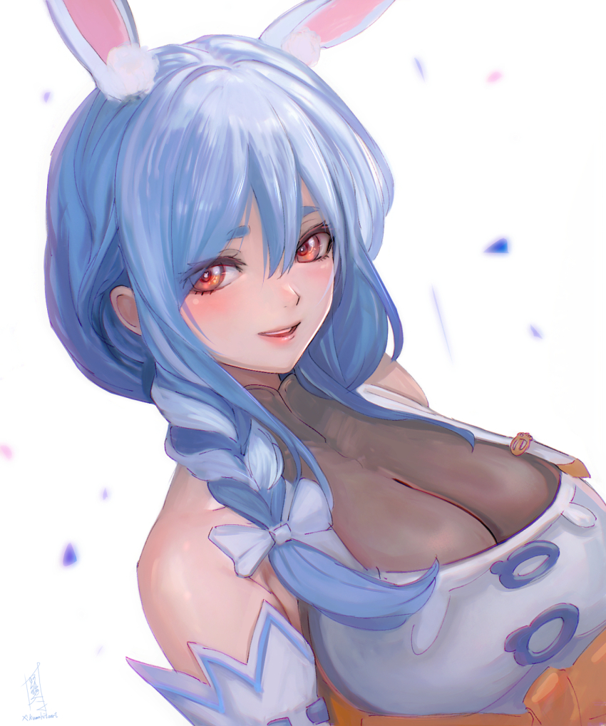 1girl, animal_ear_fluff, animal_ears, blue_hair, blush, bow, braid, braided_ponytail