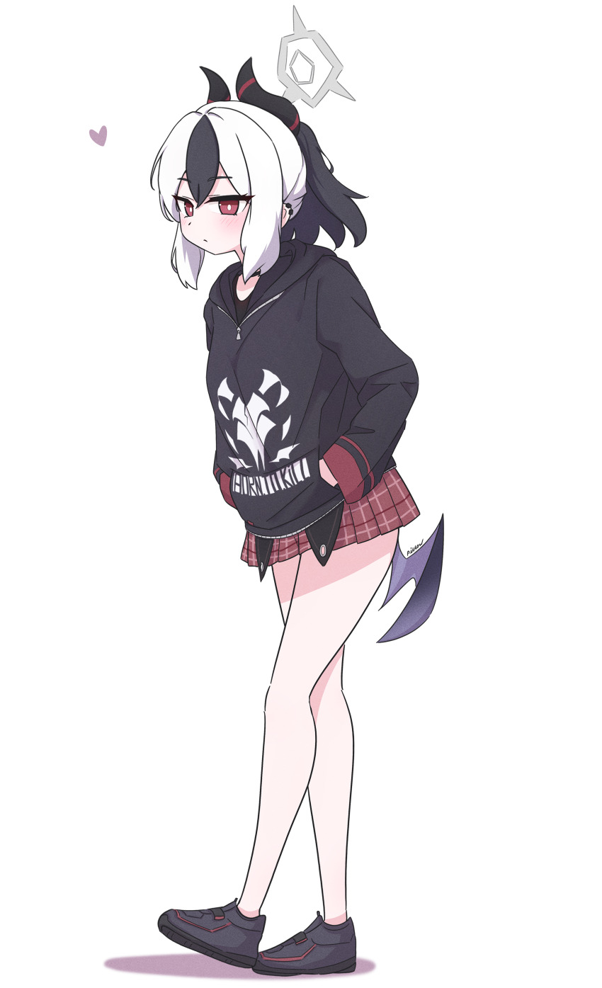 1girl, absurdres, black_hair, black_hoodie, black_horns, black_shoes, blue_archive, blush