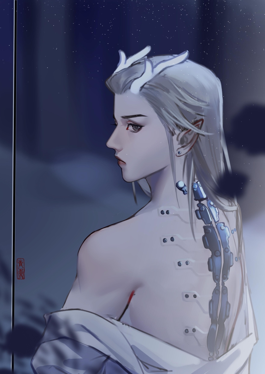 1boy, absurdres, artist_name, bare_shoulders, blurry, blurry_background, character_request, chinese_clothes