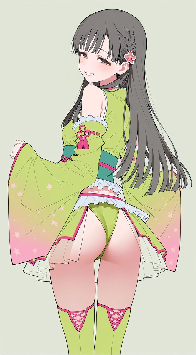 1girl, 37bannai, ass, blush, brown_hair, detached_sleeves, dress, floral_print, flower, frilled_dress, frills, gradient_clothes, hair_flower, hair_ornament, highres, idolmaster, idolmaster_cinderella_girls, idolmaster_cinderella_girls_starlight_stage, japanese_clothes, kimono, kobayakawa_sae, long_hair, looking_at_viewer, looking_back, non-web_source, panties, pink_trim, smile, solo, thighhighs, underwear