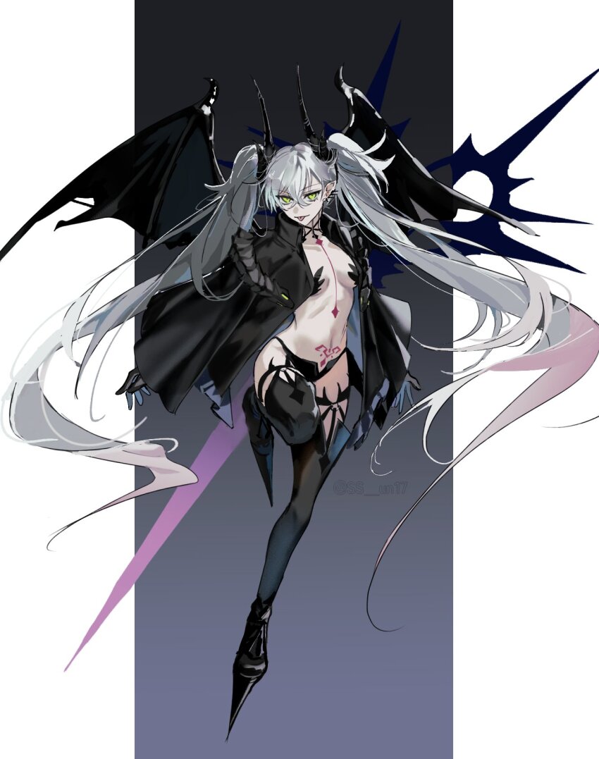 1girl, :p, black_boots, black_hands, black_horns, black_jacket, black_panties, boots, breasts, chest_tattoo, colored_extremities, commentary, crossed_bangs, demon_girl, demon_horns, demon_wings, earrings, fate/grand_order, fate_(series), full_body, gradient_hair, green_eyes, grey_hair, hair_between_eyes, high_heel_boots, high_heels, highres, horns, jacket, jewelry, leg_up, lilith_(fate), lilith_(second_ascension)_(fate), long_hair, long_sleeves, looking_at_viewer, medium_breasts, multicolored_hair, o-ring, o-ring_thigh_strap, open_clothes, open_jacket, panties, pillarboxed, pink_hair, pointy_ears, popped_collar, pubic_tattoo, solo, ss_un17, standing, standing_on_one_leg, untranslatable_commentary, tattoo, thigh_boots, thigh_strap, tongue, tongue_out, twintails, twitter_username, underwear, wide_sleeves, wings