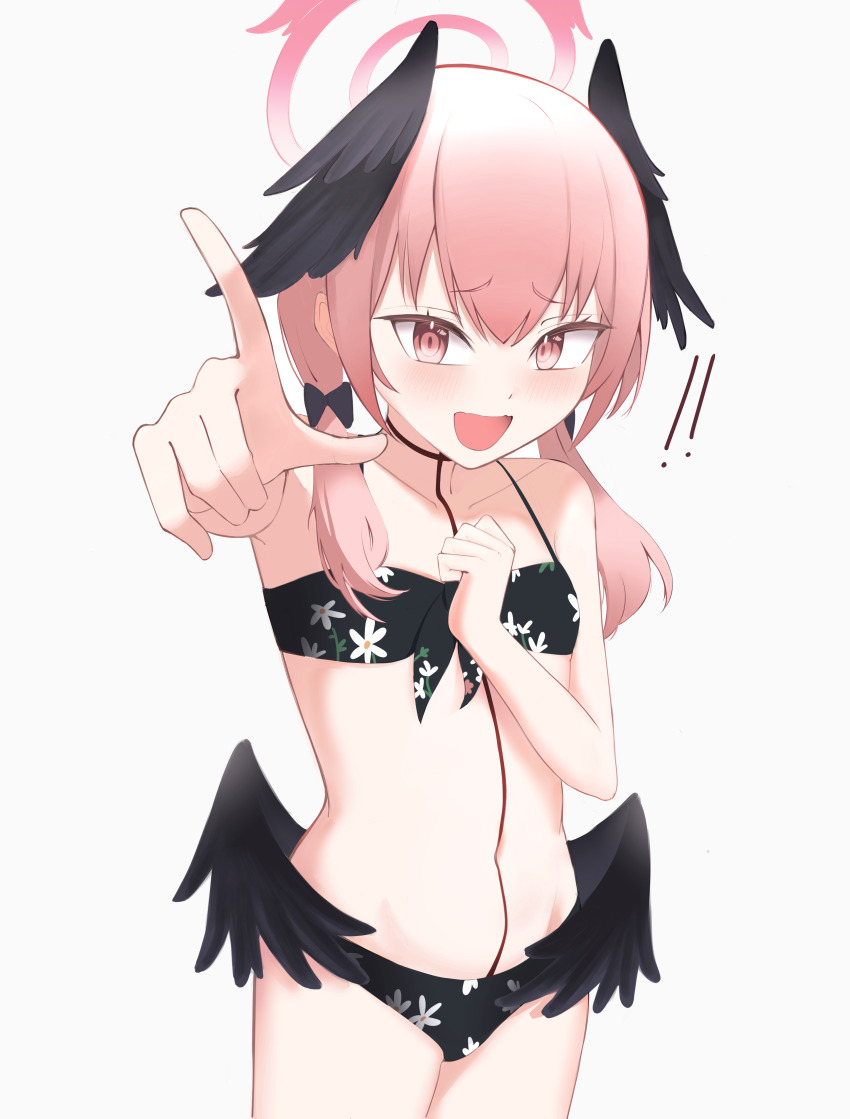 1girl, absurdres, ahoge, angel_and_devil, angel_wings, bikini, bird_wings, black_bikini, black_feathers, black_wings, blue_archive, blush, demon_wings, detached_wings, enariarte, feathered_wings, feathers, flat_chest, halo, head_wings, highres, koharu_(blue_archive), koharu_(swimsuit)_(blue_archive), long_hair, looking_at_viewer, low_wings, mini_wings, open_mouth, pink_eyes, pink_hair, pointing, red_wings, smile, solo, spread_wings, swimsuit, twintails, white_wings, wings