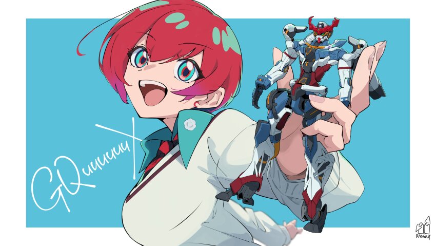 1girl, absurdres, amate_yuzuriha, artist_name, blue_background, border, breasts, collared_shirt