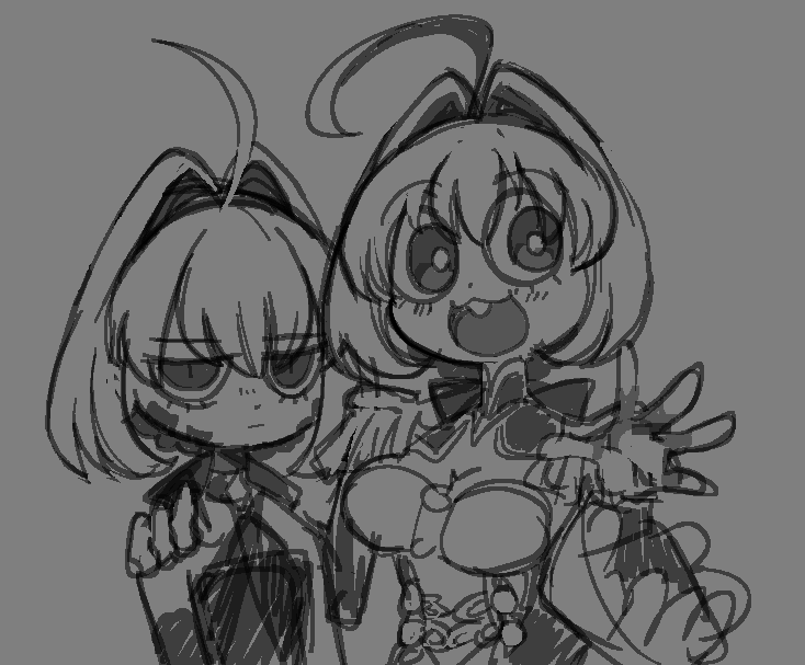 2girls, ahoge, blush, breasts, buck_teeth, chibi, cleavage, dress