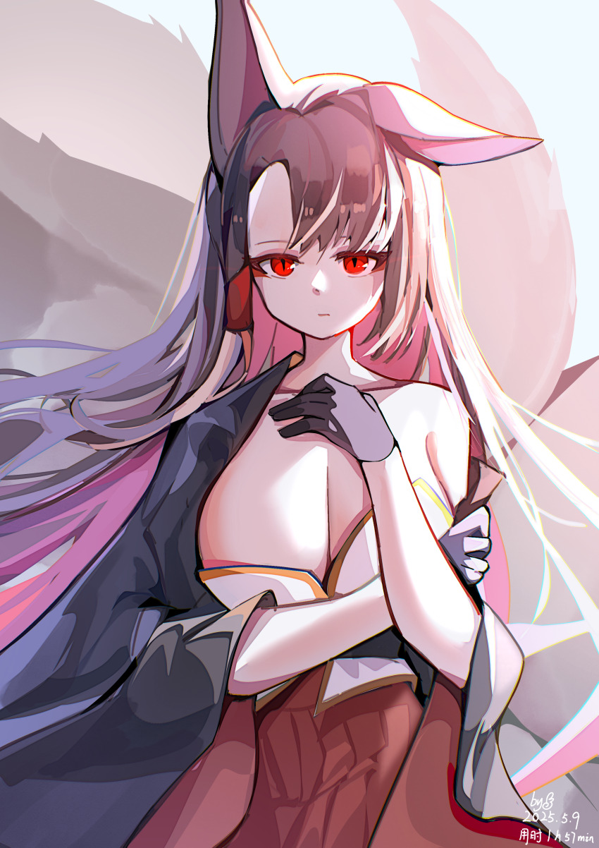 1girl, absurdres, akagi_(azur_lane), animal_ears, arm_under_breasts, azur_lane, black_gloves, black_kimono