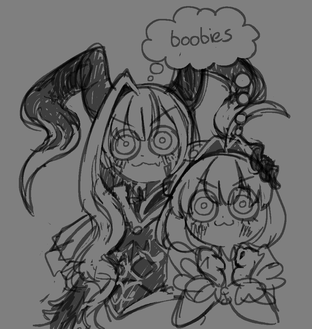 2girls, :3, ahoge, blush, breasts, buck_teeth, chibi, cleavage, dress, english_text, fate/grand_order, fate_(series), greyscale, hair_intakes, large_breasts, madocactus, monochrome, multiple_girls, nero_claudius_(fate), open_mouth, queen_draco_(fate), sketch, speech_bubble, teeth, thought_bubble