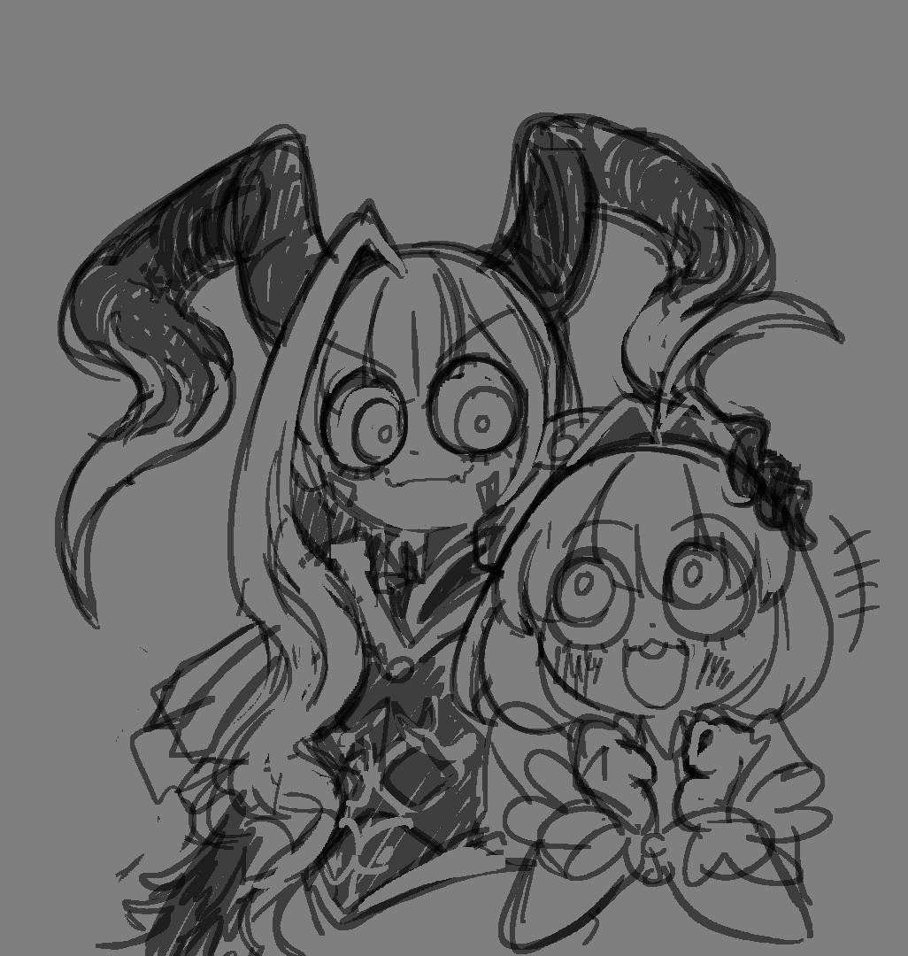 2girls, ahoge, blush, breasts, buck_teeth, chibi, cleavage, dress