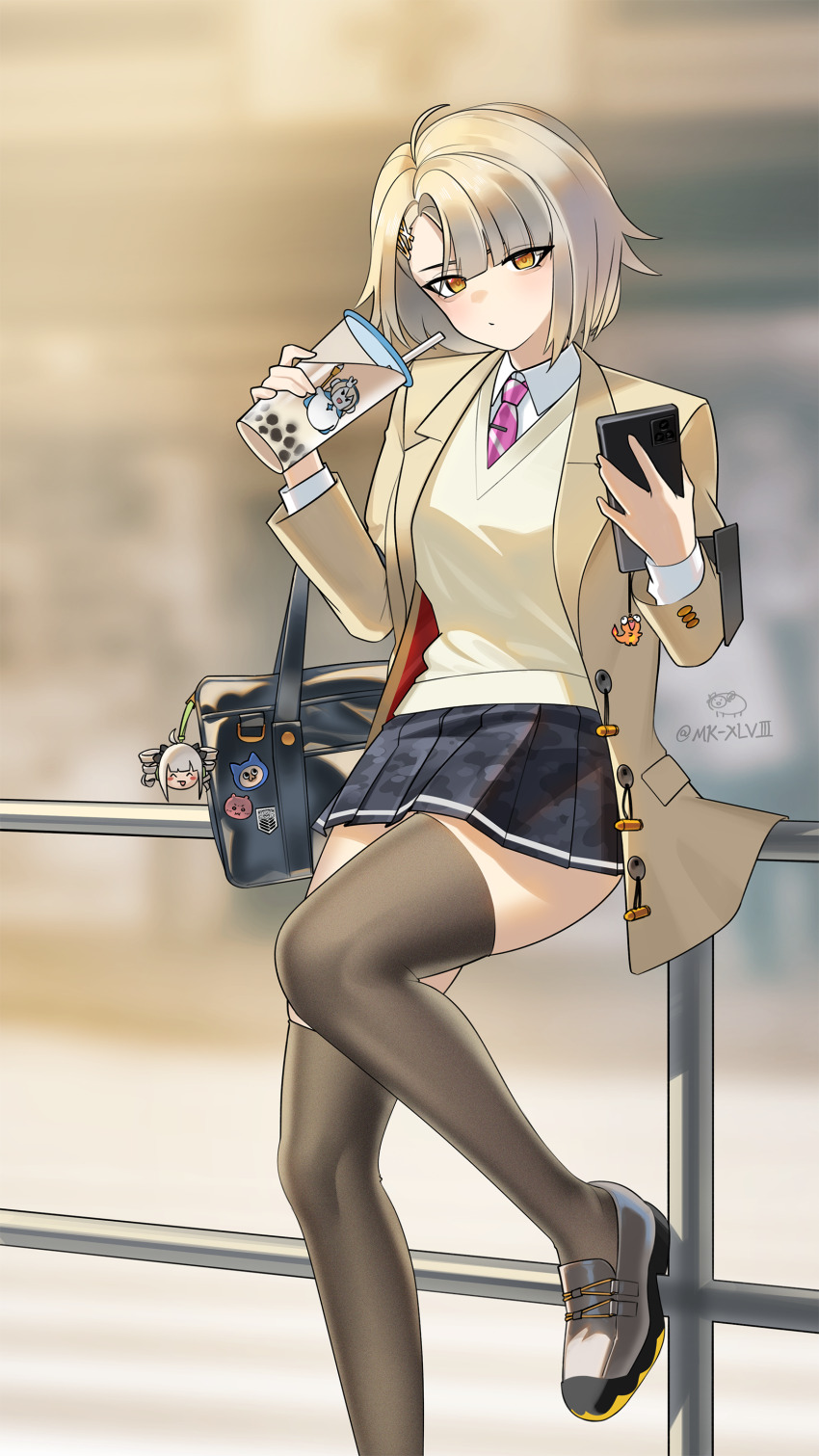 1girl, absurdres, artist_name, bag, black_skirt, black_thighhighs, blurry, blurry_background