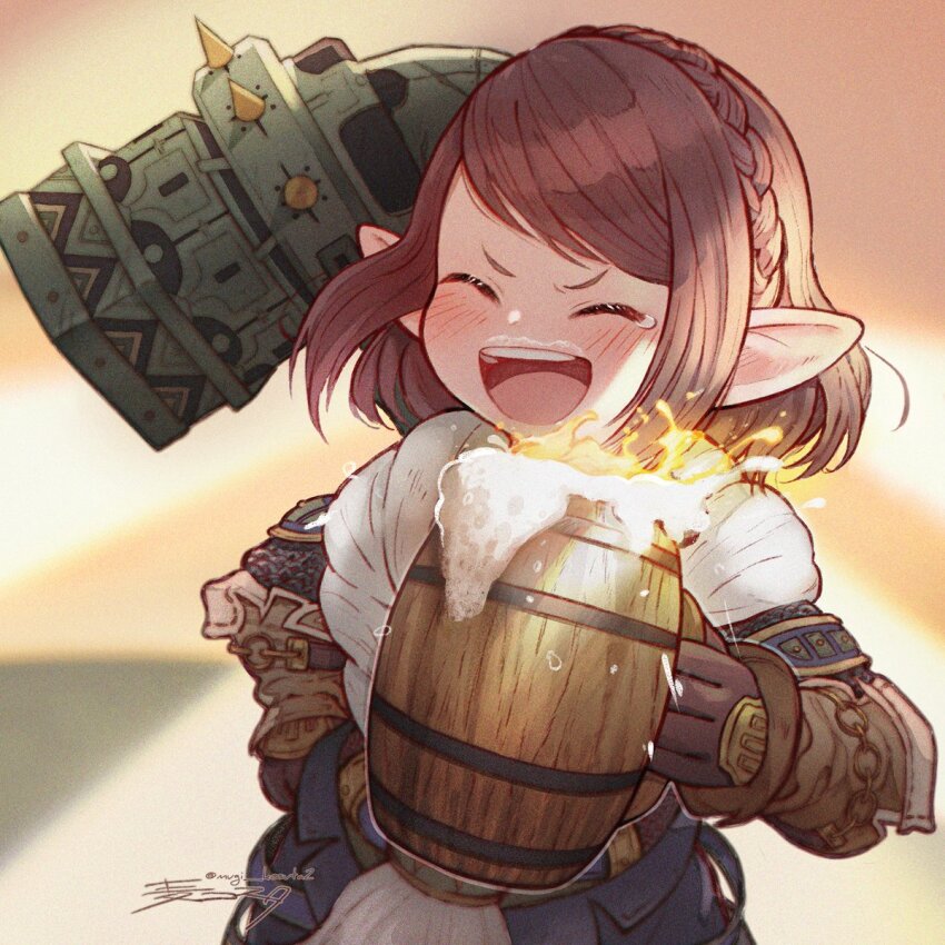 1girl, :d, ^_^, alcohol, armor, beer, blurry, blurry_background