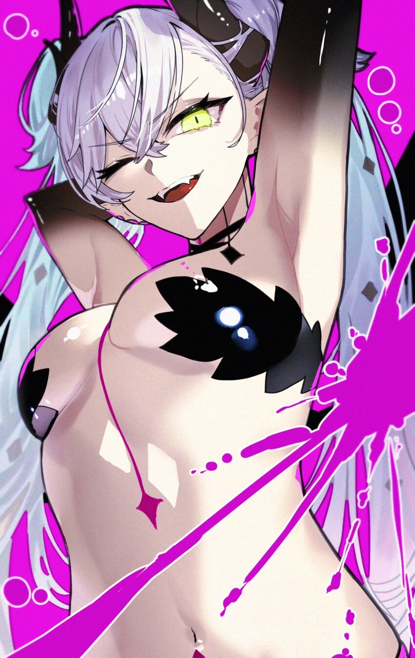 armpit_focus, armpits, breasts, demon_horns, fangs, fate/grand_order, fate_(series), green_eyes