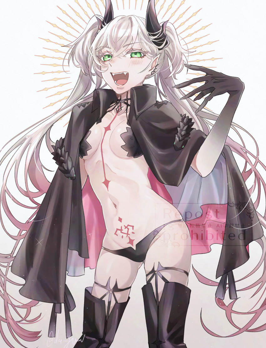 1girl, absurdres, black_cloak, body_markings, breasts, cloak, demon_girl, demon_horns