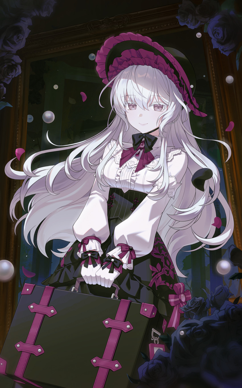 1girl, absurdres, baegbalbaegjung, black_bonnet, black_flower, black_skirt, bonnet, collared_shirt