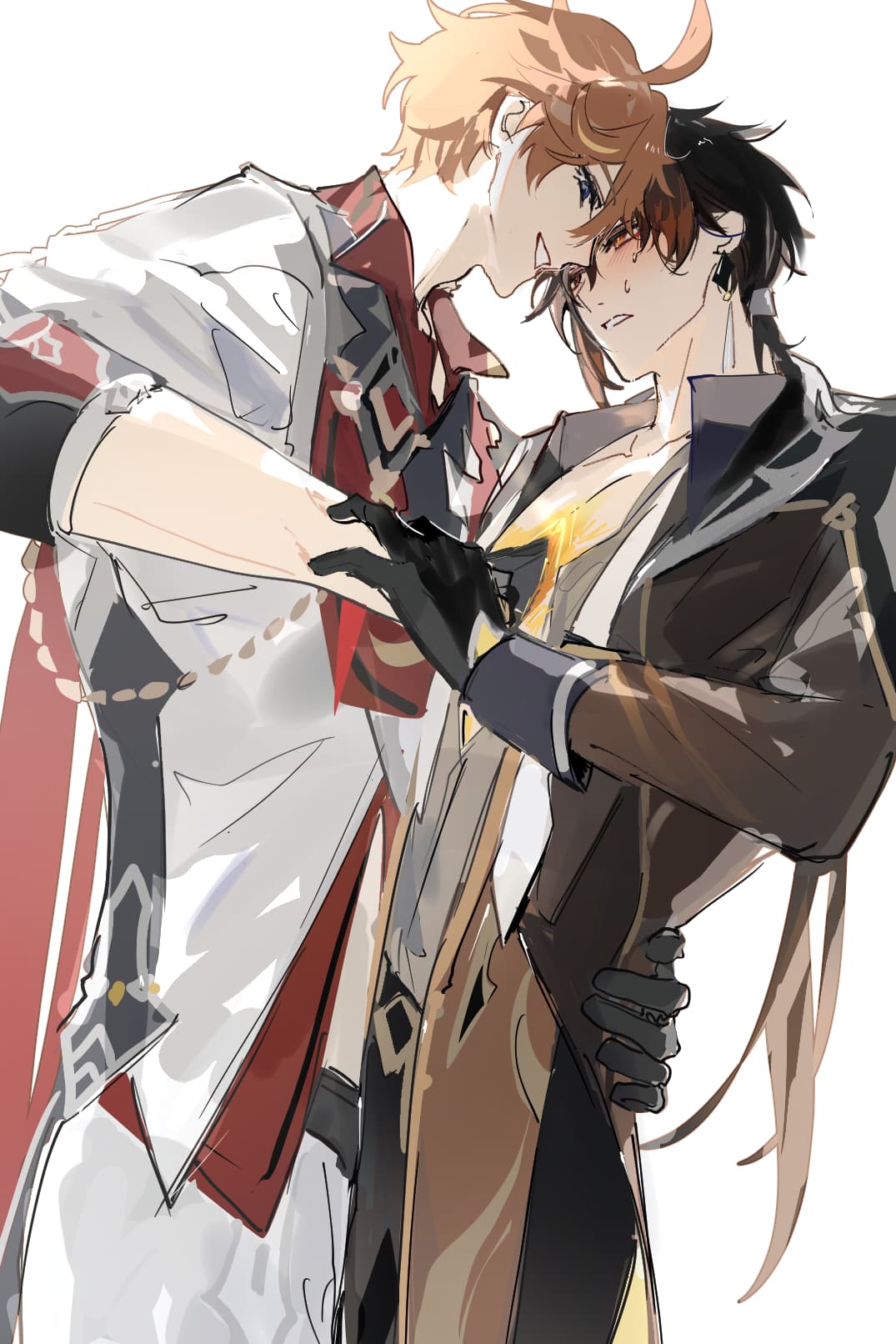 2boys, aroused, blush, genshin_impact, hamtaru542899, hand_on_another's_chest, hand_on_another's_waist, highres